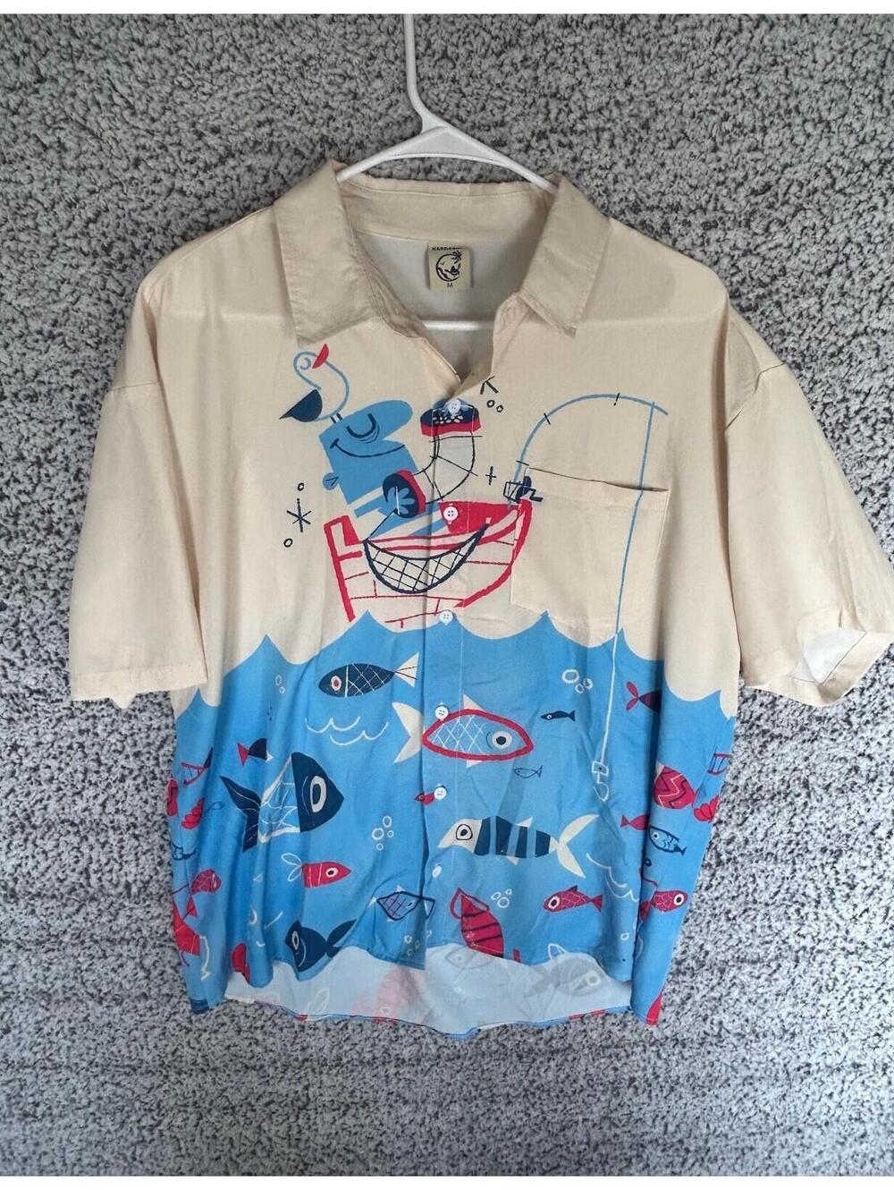 Hardaddy Fish Button Up Shirt Men’s Medium Beige Blue Colorful